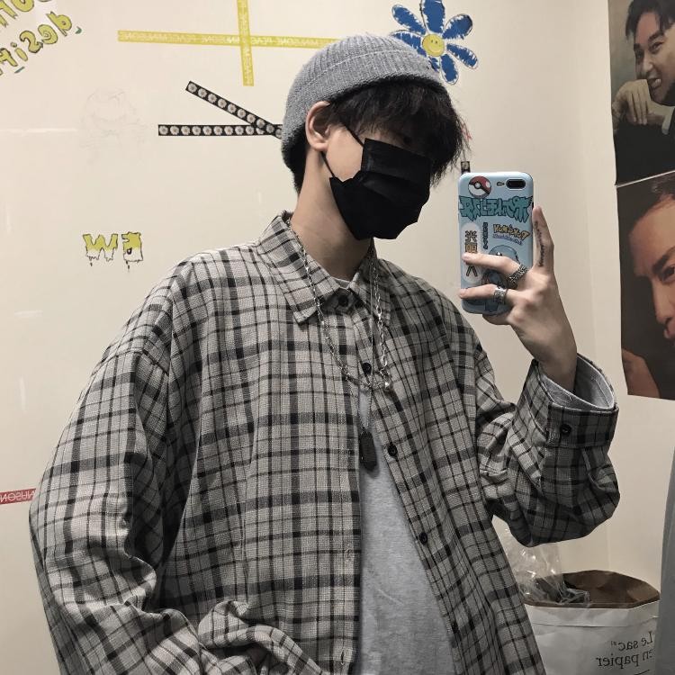 Spring and autumn new plaid long-sleeved shirt men's loose ins trend Korean shirt men's Hong Kong style couple jacket