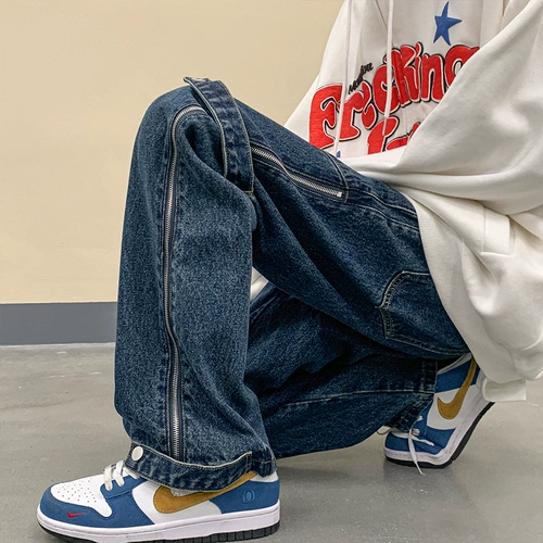 Трендовые черные джинсы, штаны с молнией, осенние, оверсайз, свободный прямой крой