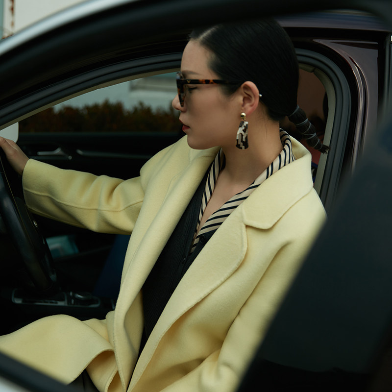 Van Goose Pale Goose Yellow Bifacial Cashmere Coat Woman 2021 Autumn Winter New Candy Color Medium Long Version Fur Coats Woman