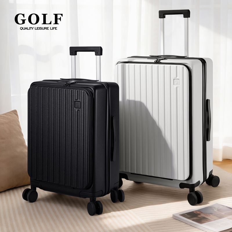 Golf2026 White Vertical Stripe Trolley Suitcase with Universal Wheels, Large Capacity Travel Luggage, Quiet Password Lock, Can Be Taken on Board
