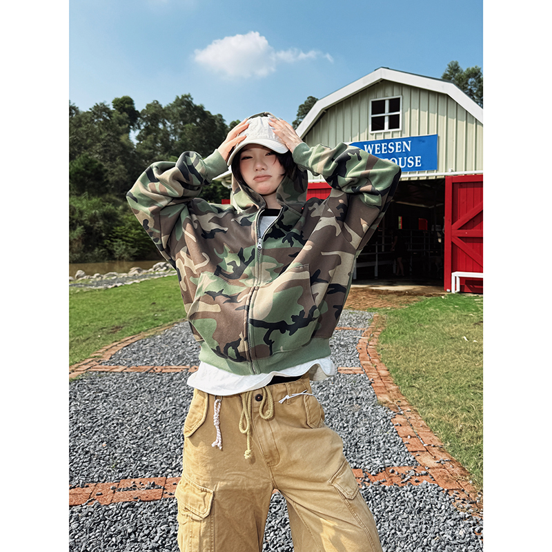Luminelle Autumn and Winter American Retro Camouflage Hooded Sweatshirt Zipper Short Wide Fit Cardigan Long-Sleeved Jacket