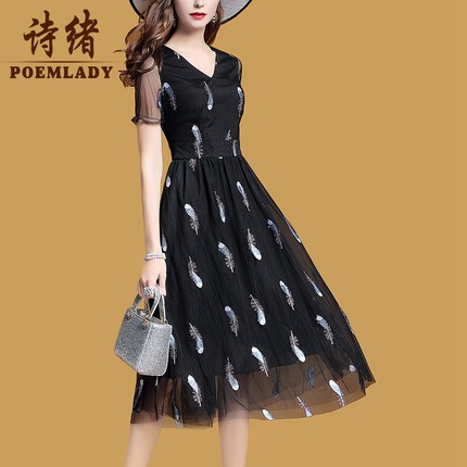 诗绪黑色网纱刺绣连衣裙女夏2018新款V领中长