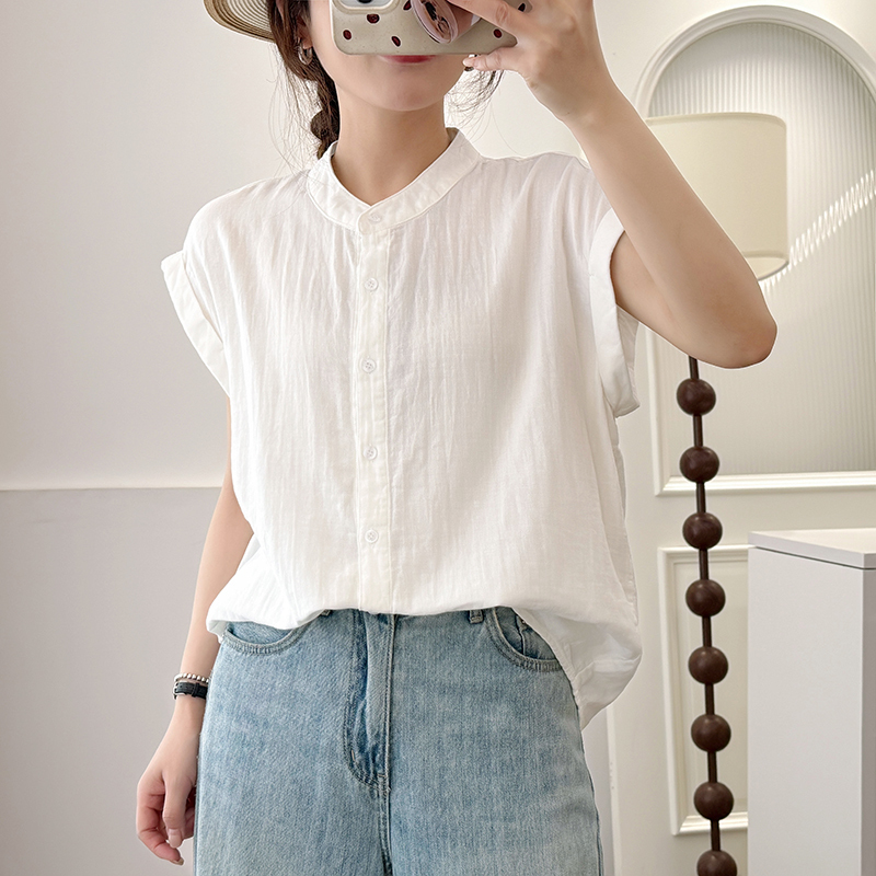 Summer Versatile Pure Cotton Super Soft Double-Layer Cotton Gauze Shirt Top Stand Collar Literary Casual Sleeveless Short-Sleeved Shirt Summer Versatile Pure Cotton Super Soft Double-Layer Cotton Gauze Shirt Top Stand Collar Literary Casual Sleeveless Short-Sleeved Shirt