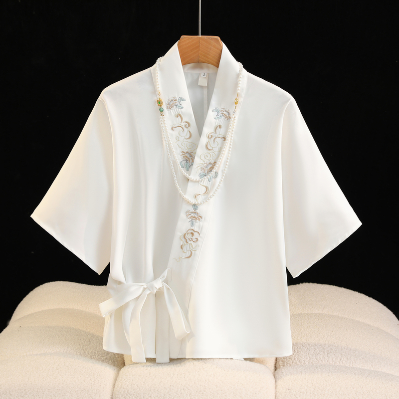 Mamian Skirt Matching Top New Chinese Style Embroidered Cross Collar Shirt Women's Summer National Style Airplane Sleeve Han Dynasty Shirt Mamian Skirt Matching Top New Chinese Style Embroidered Cross Collar Shirt Women's Summer National Style Airplane Sleeve Han Dynasty Shirt