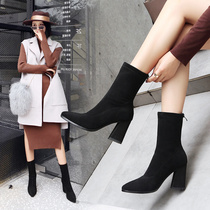 High-heeled boots womens thick heel 2020 autumn and winter new black pointed single boots short barrel thin boots rear zipper boots