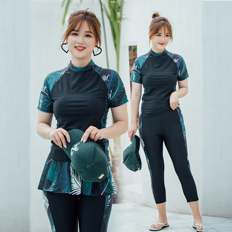 Large size sports swimsuit women's three sets of slim conservative Korean students fat mm two style swimwear women long pants dress style