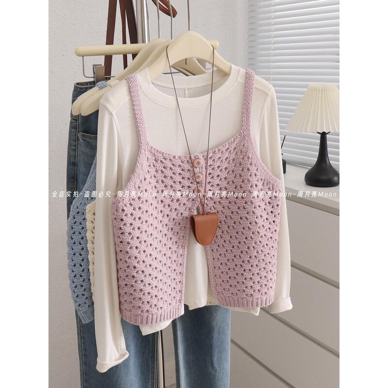 Pink Knit Cardigan Vest for Women, Layered Sleeveless Outerwear, Autumn New Style, Petite Hollow-Out Top Pink Knit Cardigan Vest for Women, Layered Sleeveless Outerwear, Autumn New Style, Petite Hollow-Out Top
