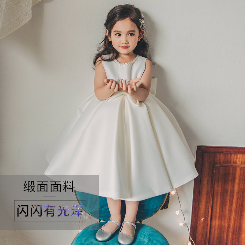 White Satin Flower Girl Dress for Girls, Baby Birthday, Children's Host Performance, Piano Performance, Princess Dress, Stylish