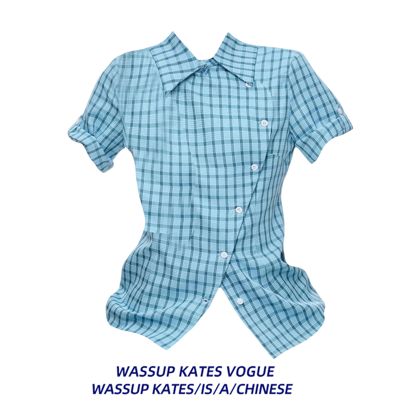Korean Retro Contrasting Color Plaid Short-Sleeved Shirt for Women, Summer Shirt with a Stylish Design, Waist-Cinching, Slim-Fitting, and Flattering Top for Hot Girls