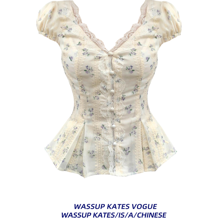 French-Style Tea Break Lace V-Neck Short-Sleeve Shirt for Women, Summer Sweet Style Embroidered Floral Cinched Waist Slimming Top