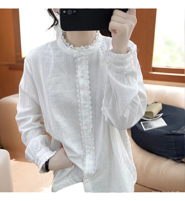 Lotus Leaf Sleeve Cotton and Linen Long-Sleeved Shirt for Women, Lace Splicing Top, 2023 Spring Loose Retro Stand-Up Collar Base Shirt