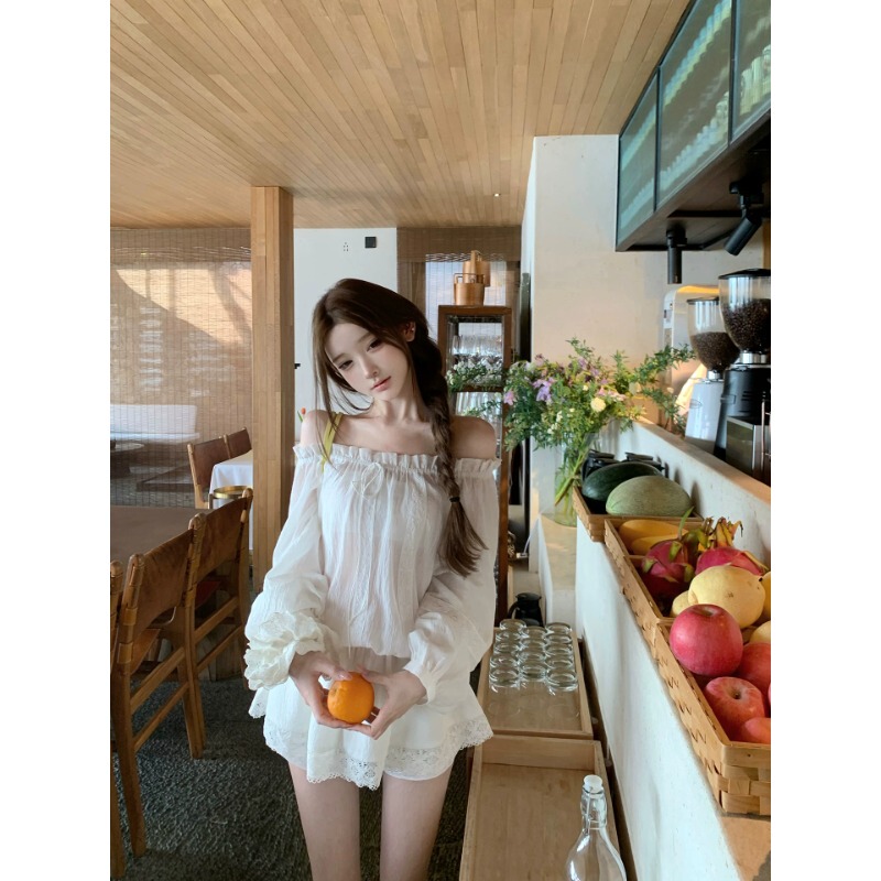 【Bianhai Roaming】White Lace Dress for Women, Summer Lantern Sleeves, Off-Shoulder, Elegant Waist-Cinching, High-End Short Dress