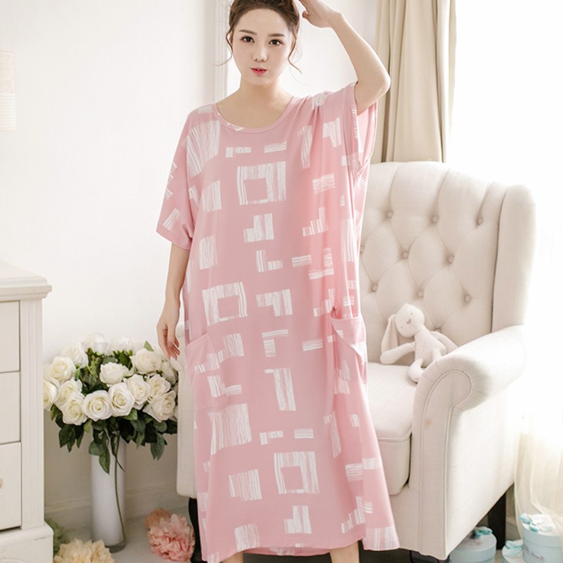 Hàn Quốc phiên bản của bộ đồ ngủ phụ nữ trẻ ngắn tay chất béo sinh viên MM ngọt phụ nữ có thai lỏng dài vừa mùa hè mỏng ngày pajama váy.