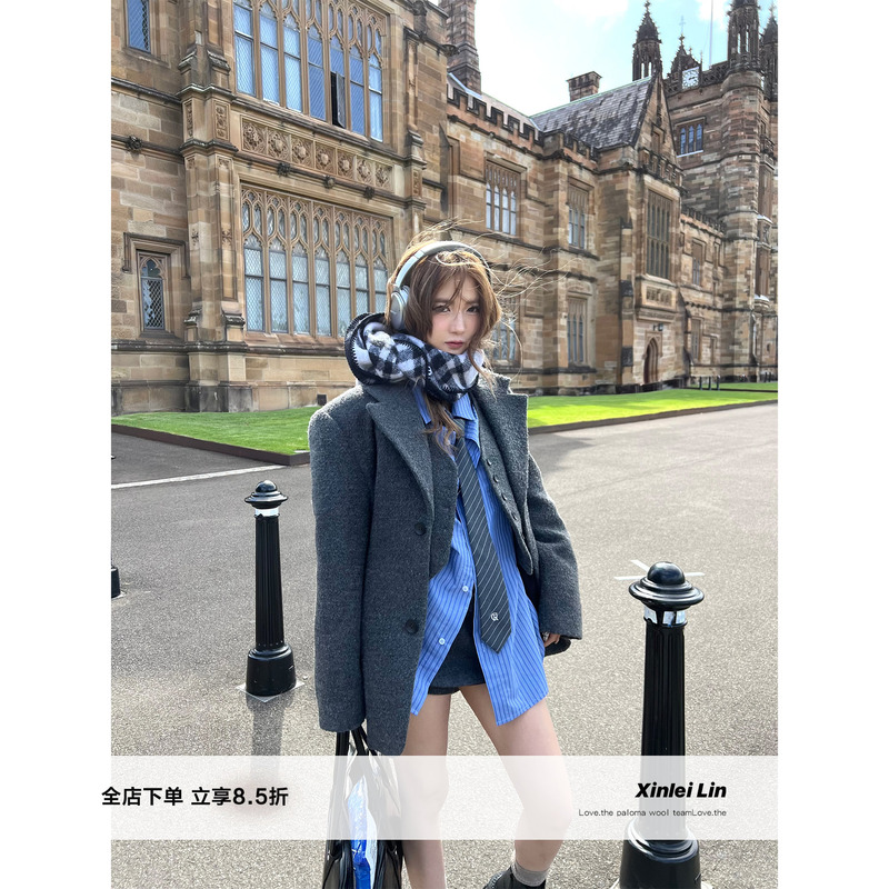 Xinlei Lin's "Preppy Style Gray Suit + Vest Twill Loop Wool 50% Wool Three-Piece Set