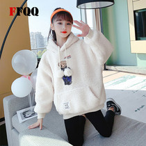 Girls Lamb Sweats plus velvet thickened children 2021 autumn and winter children Foreign tide ins loose top