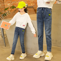 Girls plus velvet jeans autumn and winter clothing one velvet middle and big child foreign language Korean elastic children autumn pencil pants