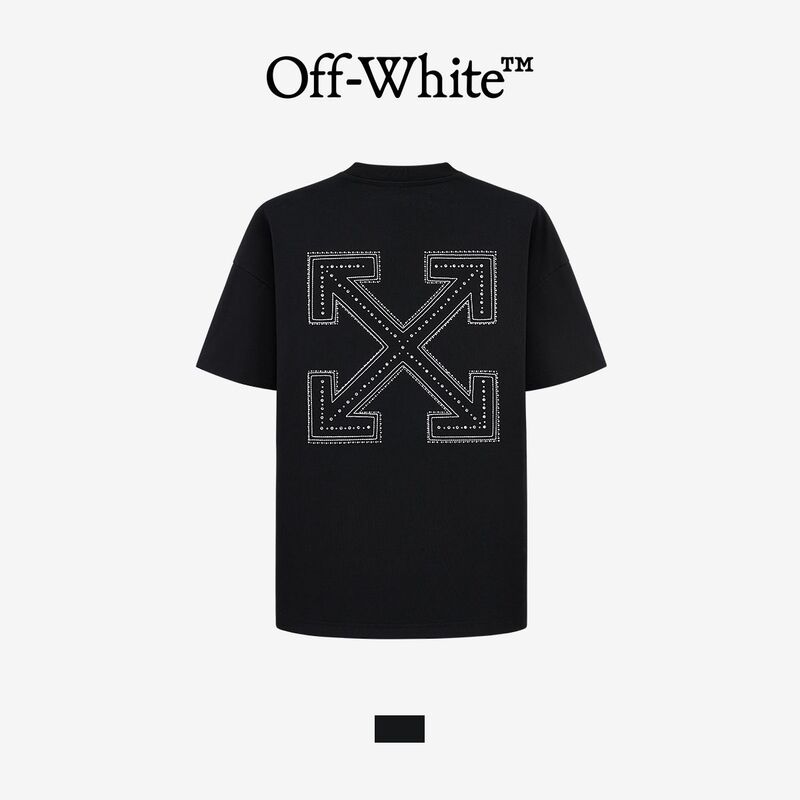 [Official Authentic Product] Off-White Short-Sleeved T-Shirt for Men and Women, Couple's Letter and Arrow Embroidery, Rhinestone Embellishment, Loose Fit Top