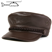  Leather hats for men and women autumn and winter navy hats tide head layer cowhide European and American flat top military hats fashion British duck tongue