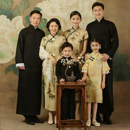 新款全家福主题摄影服家庭装一家六口影楼亲子装中国风艺术照旗袍