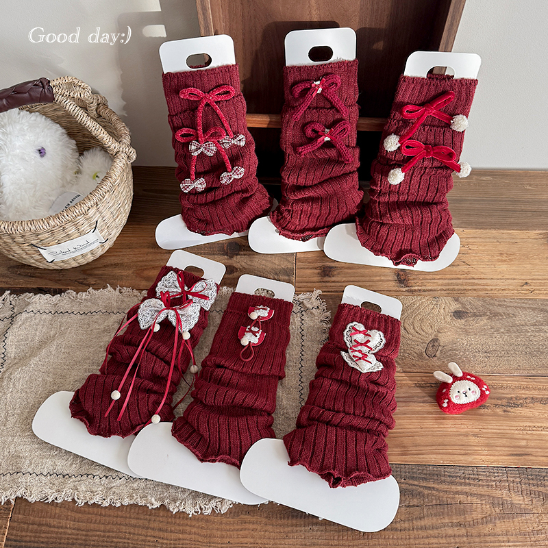 Autumn and Winter Women's Socks, Warm and Thick Knitted Socks, Burgundy Slouch Socks, Stylish and Sweet Bow-Knot Calf Socks