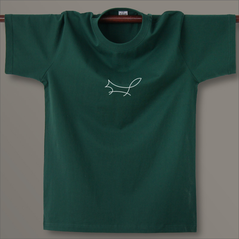 Creative and Fun Minimalist Little Fox Original Design Men's Pure Cotton Round Neck Short-Sleeve T-Shirt in Dark Green, Loose and Fresh Style