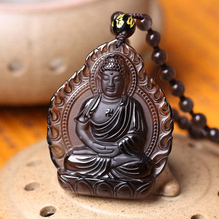 开光冰种黑曜石阿弥陀佛生肖属狗属猪本命佛守护神吊坠