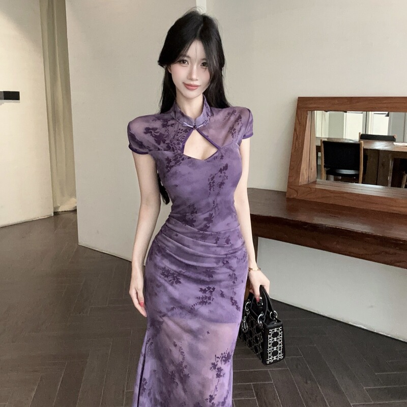 Mesh Modified Long Cheongsam Dress with Waist-Cinching and Hip-Hugging Design, Suitable for Nightclubs, Soft and Age-Reducing, Suitable for Technicians' Workwear