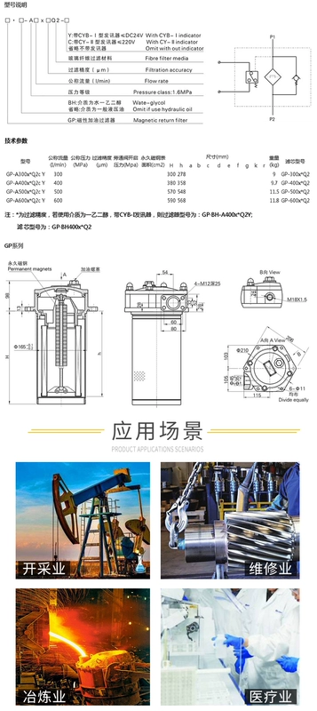 Bộ lọc hồi lưu từ tính thủy lực GP-A GP-A300/400/500/600 bộ lọc dầu/bộ lọc dầu