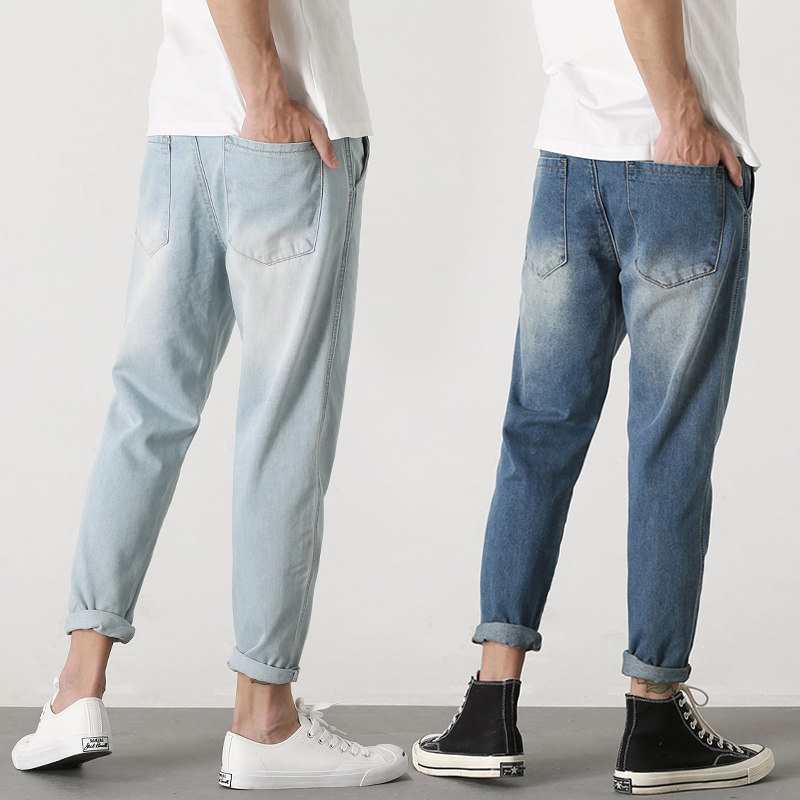 日系牛仔裤薄款小脚休闲男装外裤秋季新款修身潮流九分裤牛仔裤男