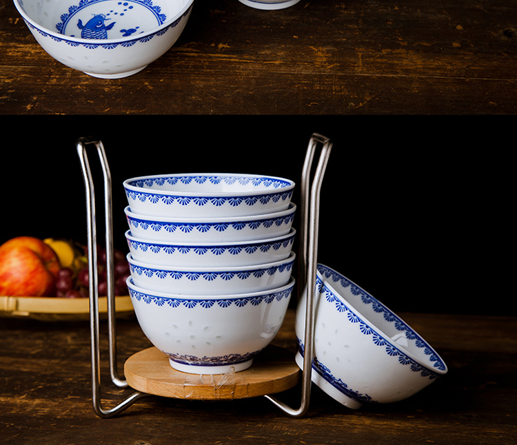 Bát cơm bát bát tô mì bát cổ điển hoài cổ retro Jingdezhen gốm men dưới màu xanh và trắng sứ bộ đồ ăn tinh tế khay gỗ đựng đồ ăn