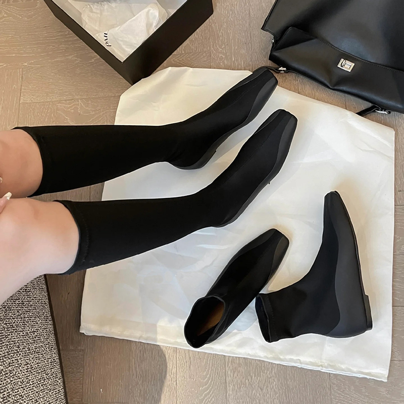 Autumn and Winter High Boots, Long Boots for Women, Niche Design, Minimalist Elastic Slim Boots, Square Toe Flat Bottom Height-Increasing Short Boots, Sock Boots