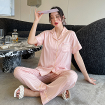 Ice Silk Spring Silk Pyjamas Woman 2022 New long sleeve cardiovert can be worn out of luxurious home for two sets