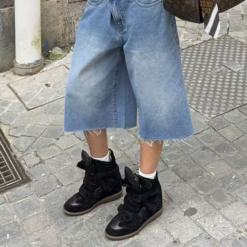 Inner Height-Increasing Sneakers, Isah's Same Style, Retro Hidden Wedge Women's Shoes, High-Top Cowhide Thick-Soled Velcro Casual Shoes