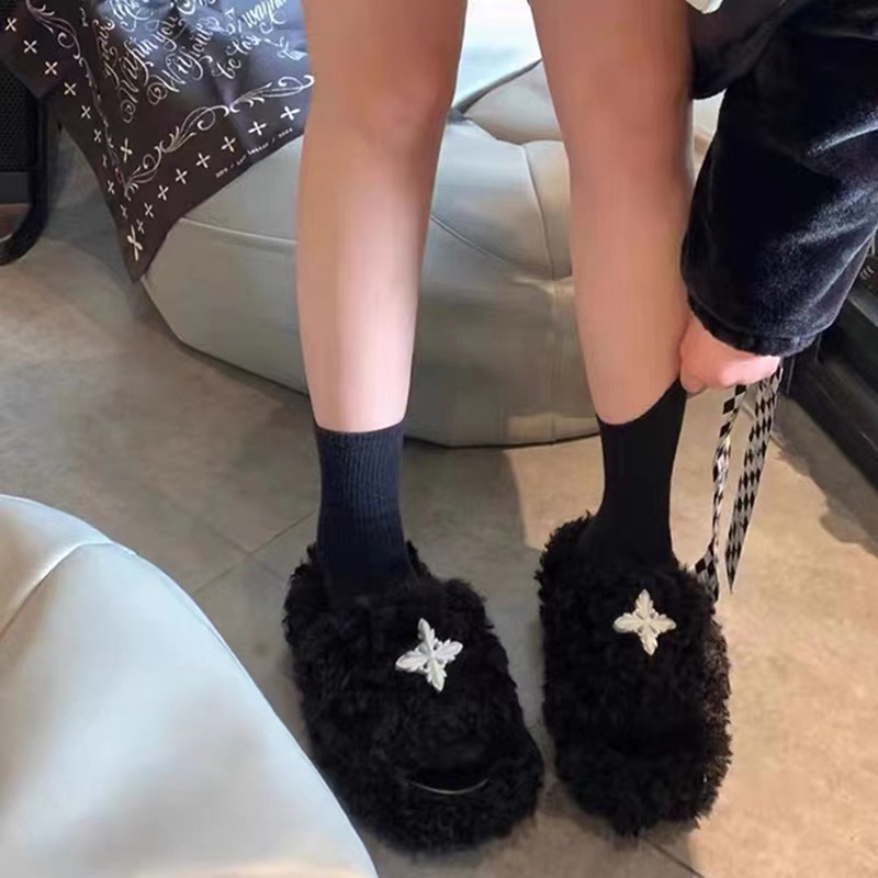 Thick-Soled Slippers, New Spring and Summer Style, Cross-Strap Lazy Fur Shoes, Lamb Wool Slip-Ons, Height-Increasing Women's Shoes for Petite Individuals
