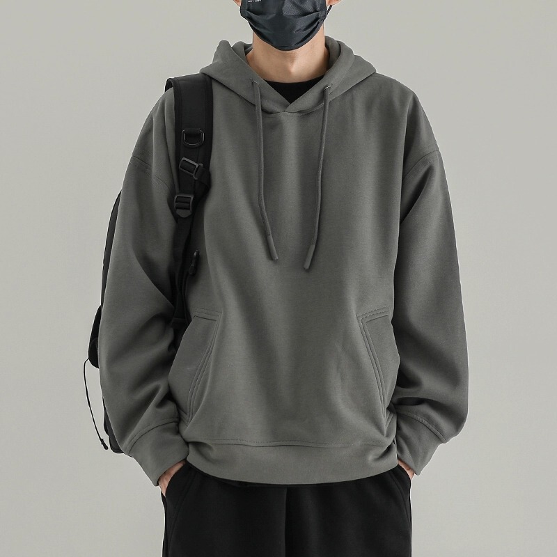 Anti-Wrinkle Hooded Sweatshirt for Men, Spring and Autumn Casual Loose American Style Trendy Brand Gray Jacket, Winter Fleece-Lined Base Layer Shirt