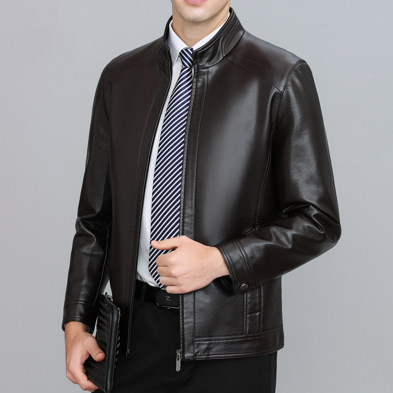 2026 Spring and Autumn New Haining Middle-Aged Men's Leather Jacket Thin Style Dad's Outfit Large Size Leather Coat with Fleece Trendy