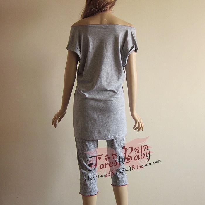2 mảnh Mùa hè Bà Cartoon Word Off-Shoulder V-Cổ Cotton hai mảnh ngắn tay dài Vest nhà giản dị áo 2 dây nữ trơn