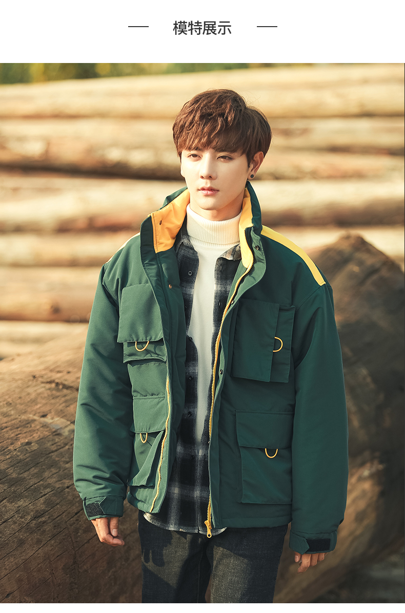 Mùa đông mới đứng cổ áo rộng in quần áo cotton ngắn chàng trai retro dụng cụ làm dày cặp vợ chồng áo khoác sinh viên áo khoác jean