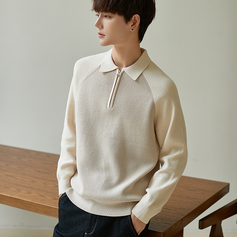 Half-Zip Polo Collar Color-Block Pullover Sweater for Men, New Spring and Autumn Style, Raglan Sleeves, Casual Loose Fit, Korean Style Knitwear