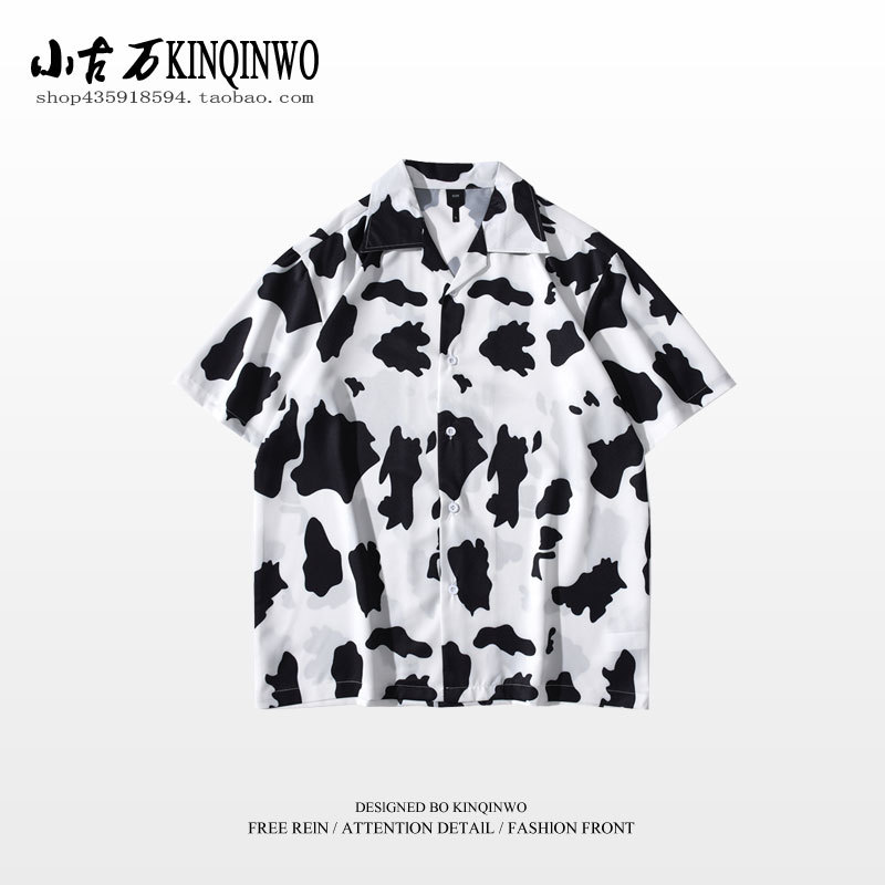 Summer New National Trend Cow Print Short-Sleeve Shirt Unisex Trendy Brand Bf Loose College Style Versatile Couple Shirt