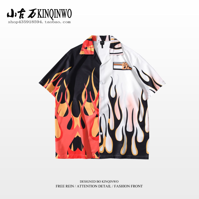American Hip-Hop Flame All-Over Print Shirt Short-Sleeved Unisex Trendy Street Style Loose Handsome Versatile Couple Shirt Half-Sleeve