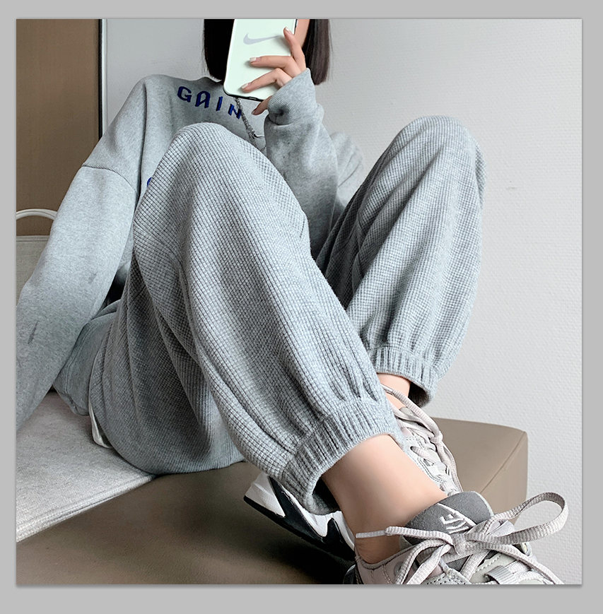 Clearance Waffle Sweatpants Women's Spring and Autumn Loose Binding Feet Thin Drawstring Casual Grey Small Sweatpants