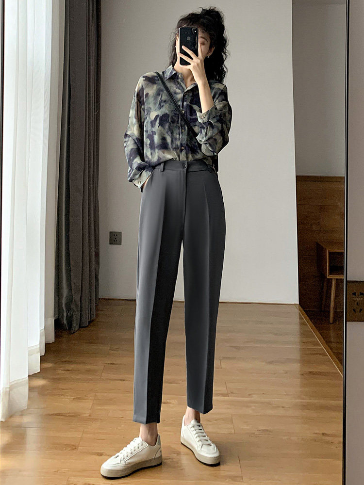Suit pants women's straight loose spring and autumn 2021 new high waist thin hanging sense of wild casual nine-point smoke pipe pants
