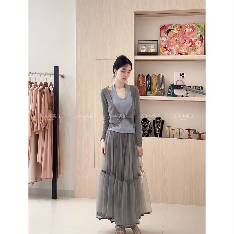 Zhan Niuniu I.Nuniu Summer Blue Rain High-End Double-Layer Mesh Skirt Fake Two-Piece Top Set
