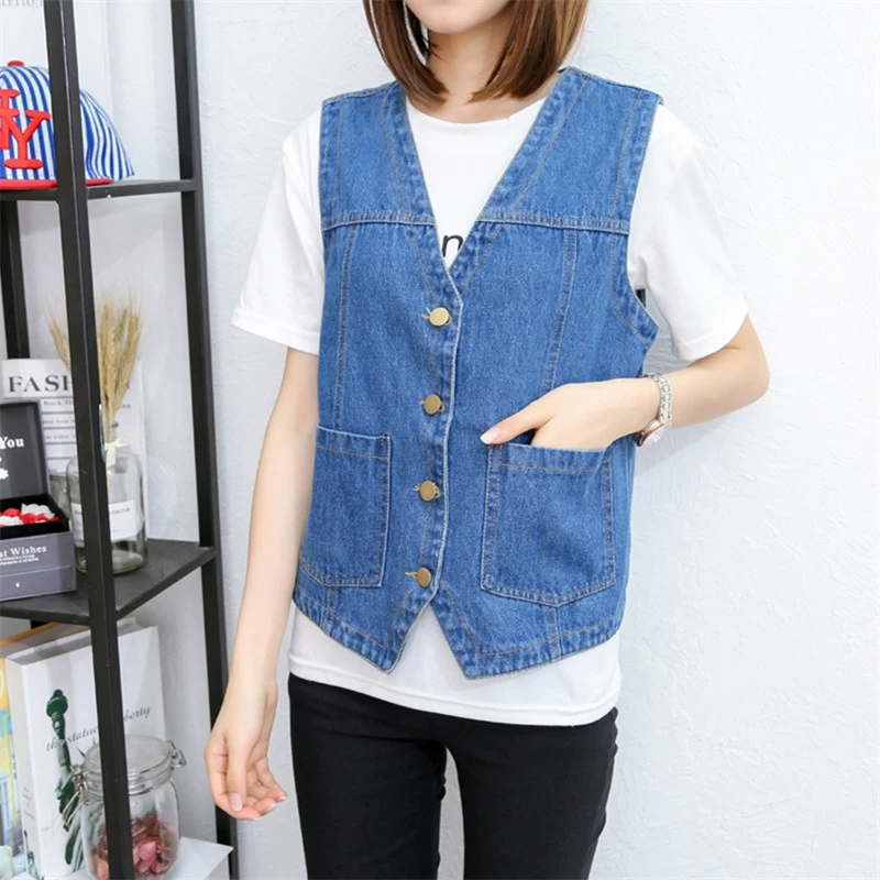 Phiên bản mùa hè mới của Hàn Quốc của áo vest denim cổ chữ V áo vest nữ mùa xuân và mùa thu mỏng cộng với kích thước bình thường áo khoác ngắn phù hợp với áo vest - Áo vest