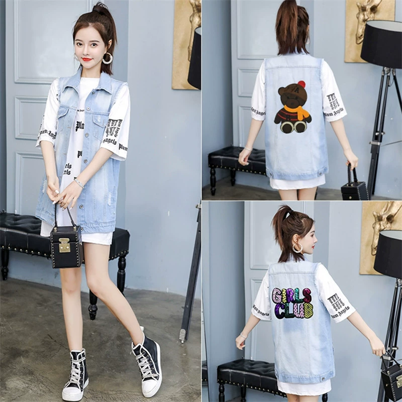 Mùa xuân và mùa hè mới 2020 kích thước lớn học sinh nữ INS không tay áo vest denim dài giữa áo khoác vest bị hỏng lỗ vest - Áo vest