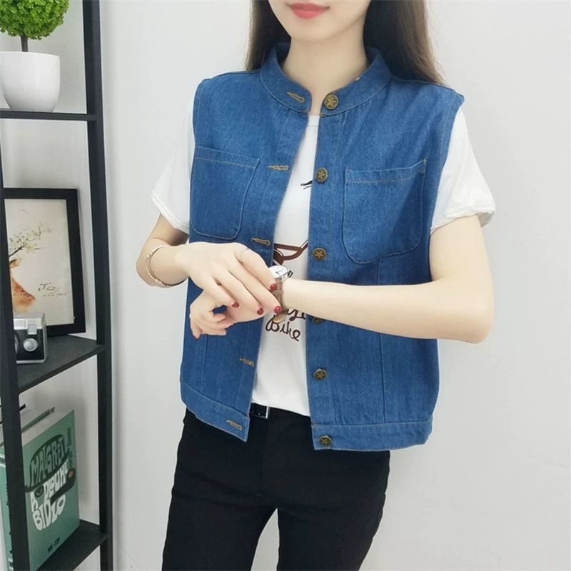 Mùa hè năm 2021 phong cách mới của phụ nữ Hàn Quốc denim mỏng áo ghi lê vest vest cỡ lớn áo khoác ngựa bông ngắn cỡ lớn - Áo vest