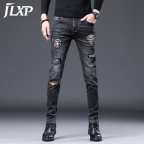 European station high-end jeans mens fashion brand embroidered mens trousers slim feet spring and autumn black pants Korean version