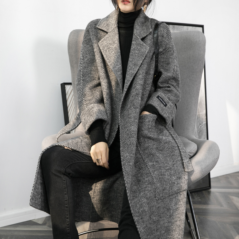 Claudie pasey Hepburn style autumn and winter double-sided woolen coat women's long loose tie high-end coat