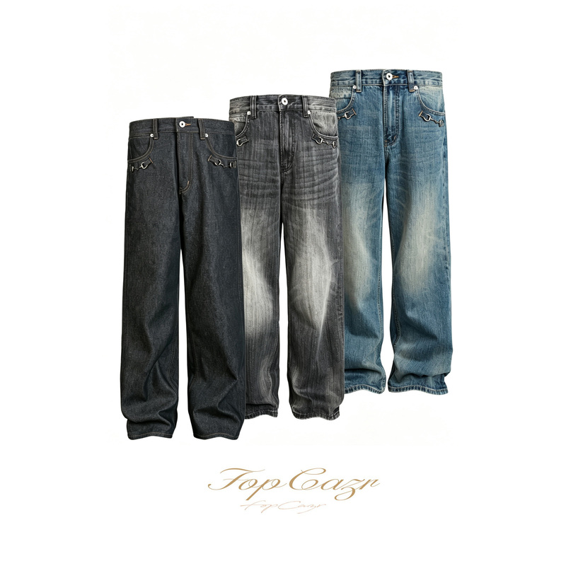 Fopcazr Three-Color Raw Denim Washed Silver Chain Three-Dimensional Natural Drape Distressed Jeans Loose Straight-Leg Pants